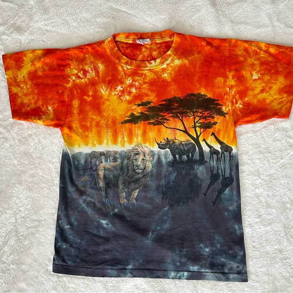 Vtg Wild Gear Safari Animals Tie-Dye Shirt Nancy Blauers Vintage 90s Made in USA